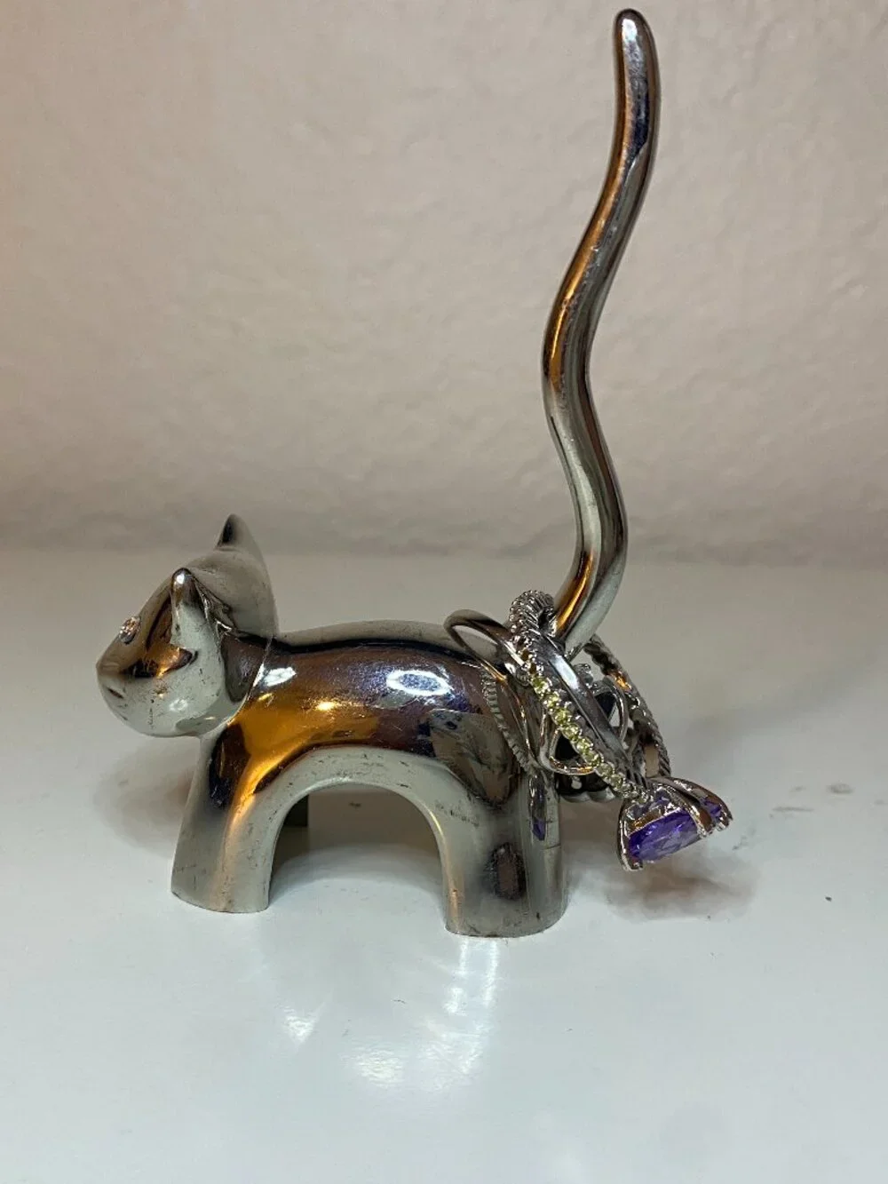 Vintage Silver Tone Cat Ring Holder Rhinestone Eyes Jewelry Display 4
